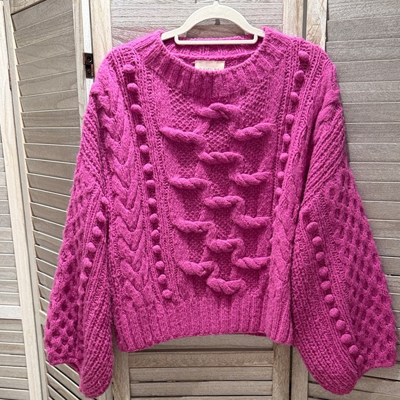 Textured Cable & Bobble Knit Sweater - Hot Pink - Picture 4 of 10